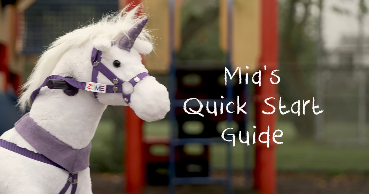 White Power Pony unicorn with 'Mia's Quick Start Guide' text overlay at a playground.