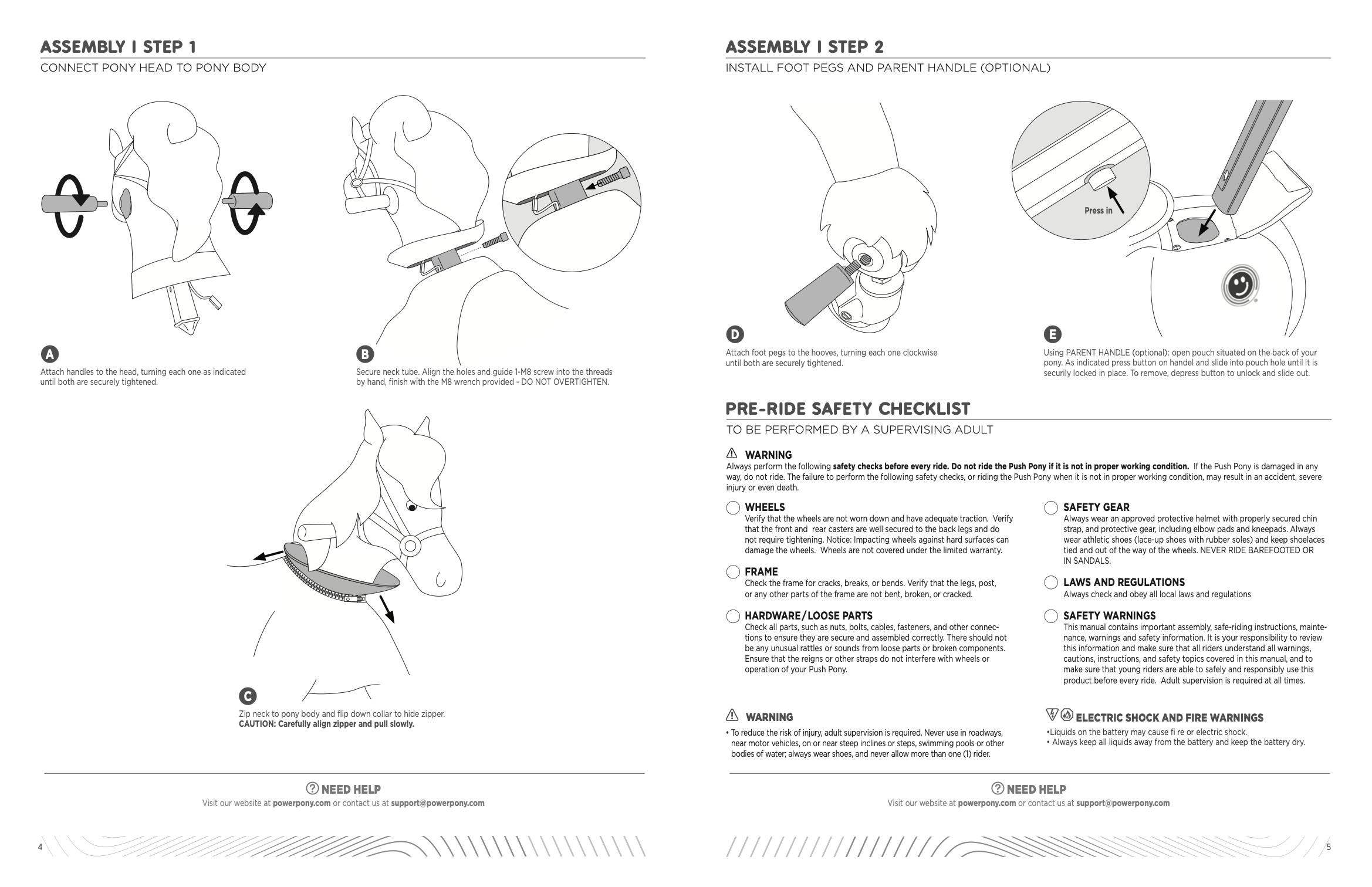 Push Pony assembly instructions with safety checklist and setup steps for attaching foot pegs and handle.