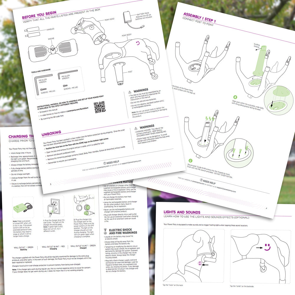 Power Pony assembly and user manual pages with illustrations and setup instructions.