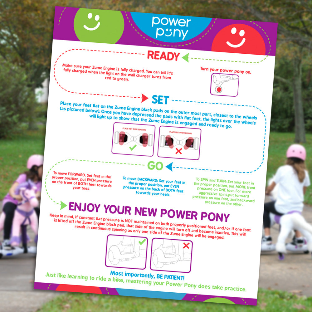 Power Pony post-assembly guide with instructions for starting, controlling, and riding safely.