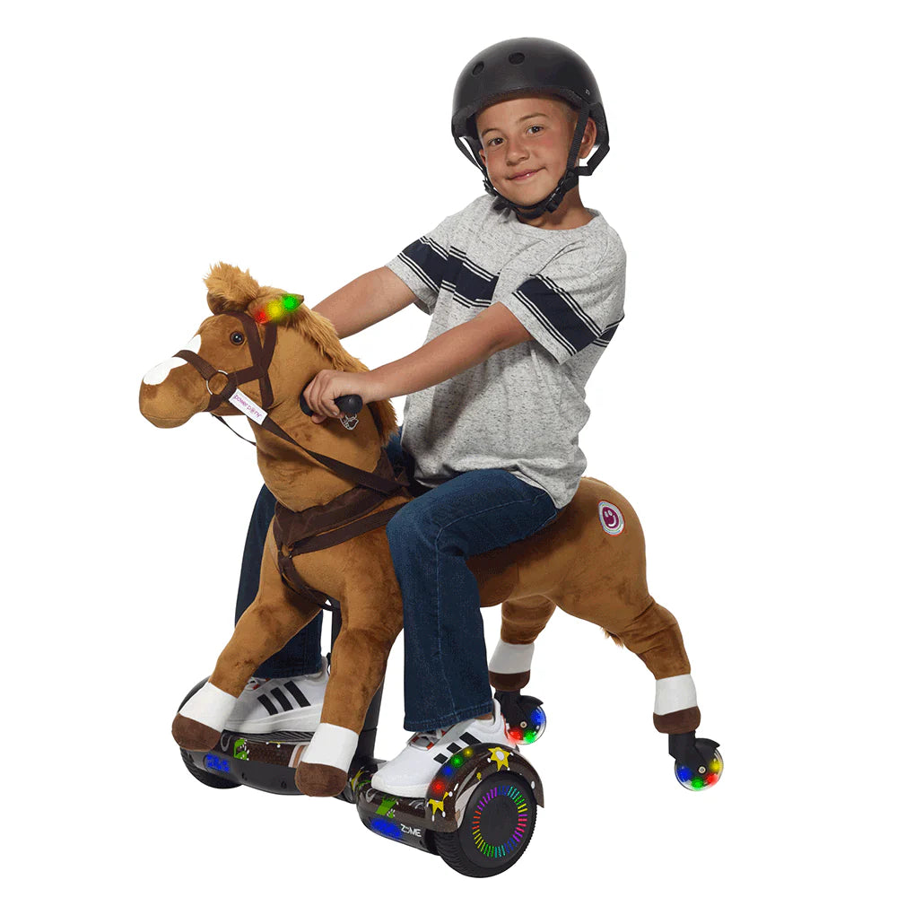 Child riding a brown Power Pony with a black helmet and interactive lights.